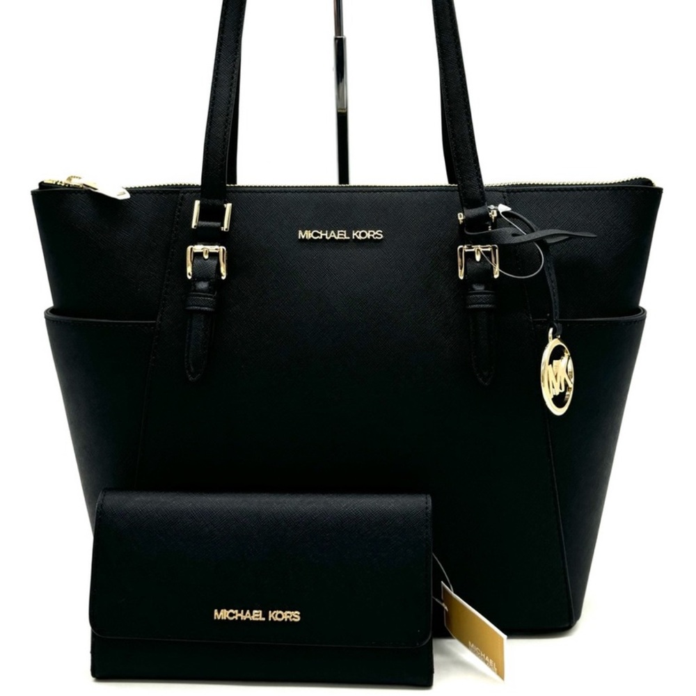 Michael Kors Large Charlotte TZ Tote Bag & Large Trifold Wallet Black/Gold